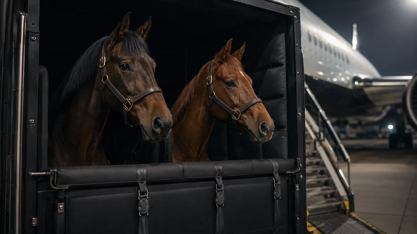 Zwei Pferde in einer Flugzeug-Transportbox neben einem Frachtflugzeug — Golden Horses Spain